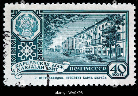 Petrozavodsk, Karl Marx Prospect, Karelian ASSR, Republic of Karelia, postage stamp, Russia, USSR, 1960 Stock Photo