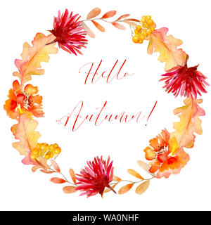 Autumn watercolor elements, dry leaves, red and orange flowers, rowan berries, make up a round frame. Bright elements, yellow, red, orange. Suitable f Stock Photo