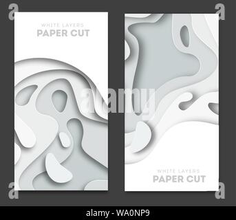 Vertical white banners with 3D abstract background, white paper cut shapes. Vector design layout for business presentations, flyers, posters and Stock Vector