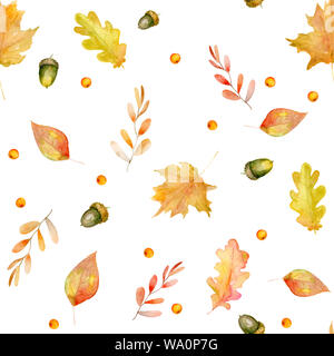 Seamless pattern with watercolor autumn elements - dry yellow leaves, rowan berries and acorns. Suitable for packaging design, printing on fabric, car Stock Photo