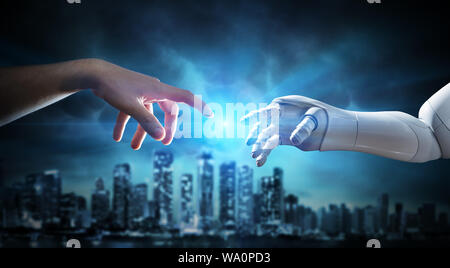 Human And Robotic Hand Touching Fingers - Creation Of Artificial Intelligence Stock Photo