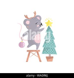 Hand Drawn Cute Mouse Decorates The Christmas Tree. Vector Illustration of a Rat in a Simple Scandinavian style in pastel colors. Symbol of 2020 Stock Vector