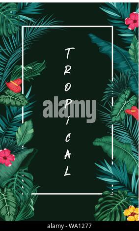 Tropical forest with rectangle frame on black background Stock Vector