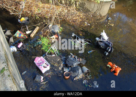 Debris pulled out of the River Wandle during river clean-ups by the charity the Wandle Trust  and South East Rivers Trust Stock Photo