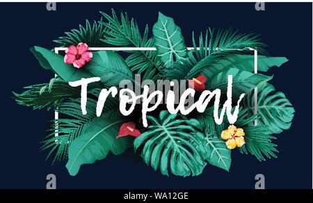 Tropical forest with rectangle frame on blue background Stock Vector