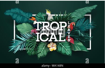 Birds collection and tropical plants background Stock Vector