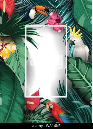 Birds collection and tropical plants background Stock Vector