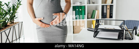 cropped view of pregnant woman holding belly while standing in office with flowerpot and bookcase near table with document tray Stock Photo