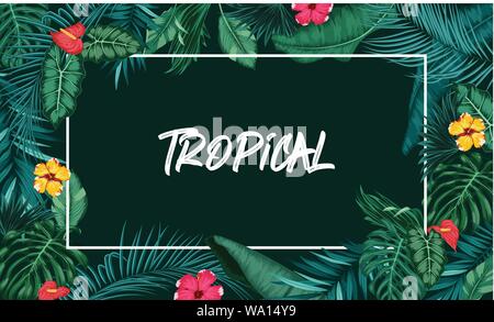 Tropical forest with rectangle frame on blue background Stock Vector