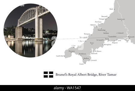 Map of Cornwall, featuring photographic image of Brunel's Royal Albert Bridge, over the river Tamar, on the Devon, Cornwall border, and key towns in C Stock Photo