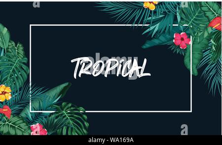 Tropical forest with rectangle frame on blue background Stock Vector