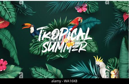Birds collection and tropical plants background Stock Vector