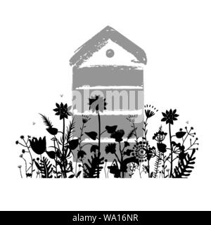 Meadow flowers silhouettes with beehive in summer. Apiary concept. Vector illustration. Stock Vector