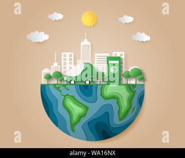 Eco friendly concept. Eco car in the city on earth in paper cut style. Vector illustration design for backdrop, poster, banner, wallpaper. Stock Vector
