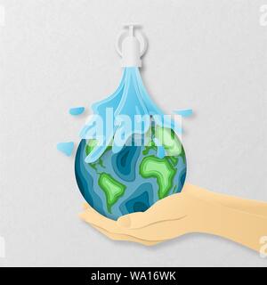 Earth day everyday concept in paper cut style. 3d paper art. Origami made a Water flows down from the pipe on carving earth map shapes on human hand.