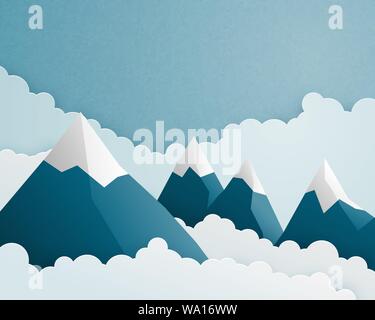 Mountain and cloud scene in paper cut style. Nature landscape clouds and sky background. Vector illustration for wallpaper, poster, backdrop, banner, Stock Vector
