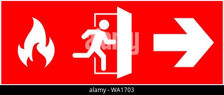 emergency fire exit sign. running man icon to door. Red color. arrow vector. warning sign plate Stock Vector
