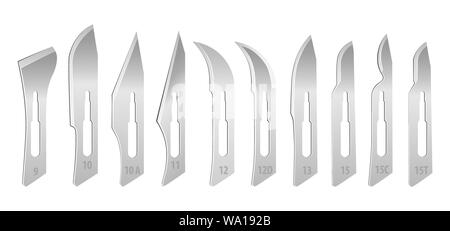 Set of interchangeable blades for a surgical scalpel. Standard set of blades for removable handle number 3. Tools on a white background. Vector Stock Vector