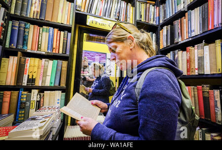 A woman reading a book in a book shop at Hay-on-wye in Wales Stock Photo