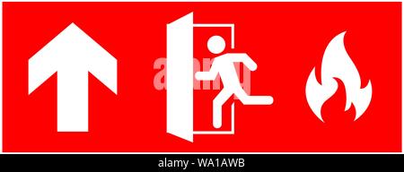 emergency fire exit sign. running man icon to door. Red color. arrow vector. warning sign plate Stock Vector