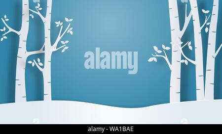 Winter landscape view background in paper cut style. Vector illustration with snow field and tree in forest. Design for poster, wallpaper, backdrop, b Stock Vector