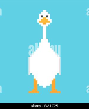 White goose pixel art. domestic waterfowl pixelated 8 bit. vector illustration Stock Vector