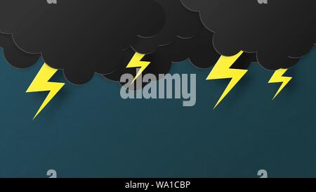 Lightning and thunderbolt with a black cloud before the rain on blue sky in paper cut style. Paper art storm concept idea. Vector illustration. wallpa Stock Vector