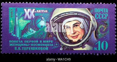 20th Anniversary of First Woman Cosmonaut Valentina Tereshkova flight, Vostok 6, postage stamp, Russia, USSR, 1983 Stock Photo