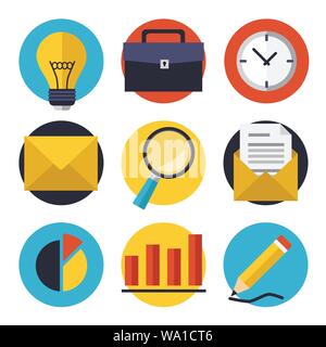 Set of vector business and office icons. Isolated and round elements. Stock Vector