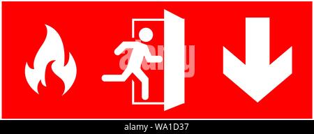 emergency fire exit sign. running man icon to door. Red color. arrow vector. warning sign plate Stock Vector