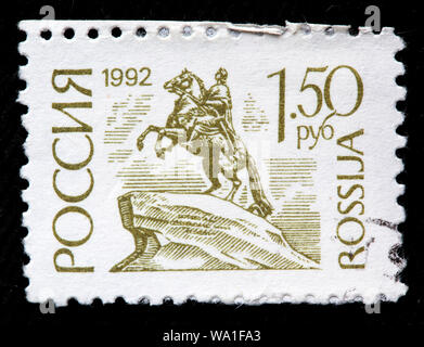 Bronze Horseman, equestrian statue of Peter the Great, Senate Square, Saint Petersburg, postage stamp, Russia, 1992 Stock Photo