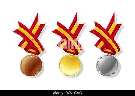 Spanish medals in gold, silver and bronze with national flag. Isolated vector objects over white background Stock Vector