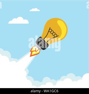 Bulb Rocket flying in the sky. Vector illustration Stock Vector