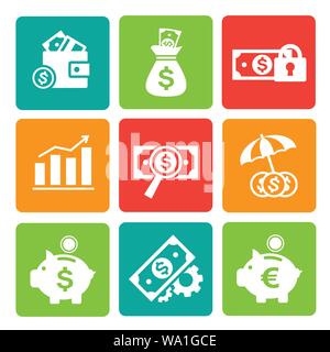 Set of vector finance and banking icons. Isolated and square elements. Stock Vector