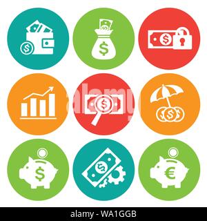 Set of vector finance and banking icons. Isolated and round elements. Stock Vector