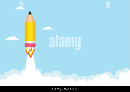 Pencil Rocket flying in the sky. Vector illustration Stock Vector