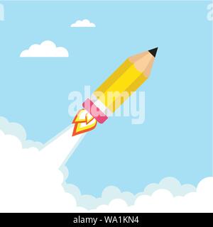 Pencil Rocket flying in the sky. Vector illustration Stock Vector