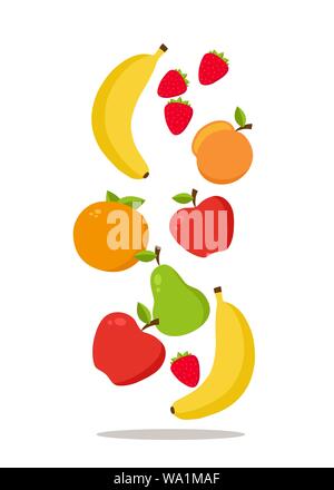 A lot of fruits falling on white background. Vector illustration Stock Vector