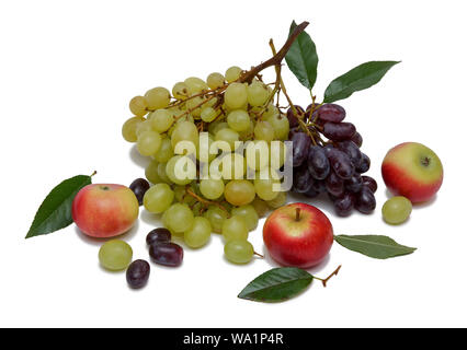 two branches of black and green grapes with red apples and leaves isolated on white background closeup Stock Photo