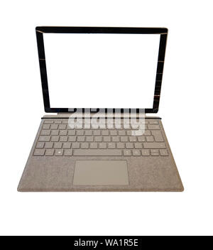 Isolated modern laptop with empty space, white screen isolated on white background with clipping path. Stock Photo