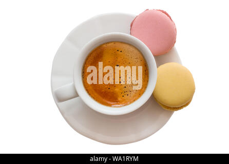 Macarons with a coffee cup isolated on white background, Good morning or have a nice day message concept, white cup of espresso coffee with colourful Stock Photo