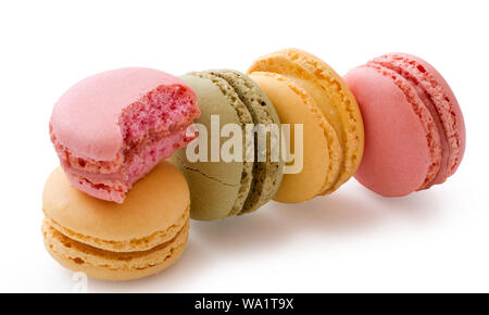 Fresh bright colored of Macarons, Sweet and colorful french macaroons isolated on white background with clipping path. Stock Photo