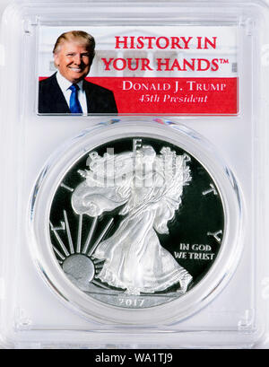 Dallas, Texas  Aug.15,2019  Donald J. Trump silver eagle proof coin. Pres Trump first year as President was 2017 and he was the 45th American Presiden Stock Photo