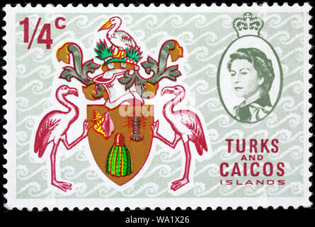 Coat of arms, Queen Elizabeth II, postage stamp, Turks and Caicos islands, 1969 Stock Photo