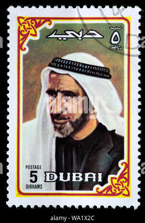Sheikh Rashid bin Saeed Al Maktoum (1912-1990), Ruler of the Emirate of Dubai, postage stamp, United Arab Emirates, Dubai, 1971 Stock Photo