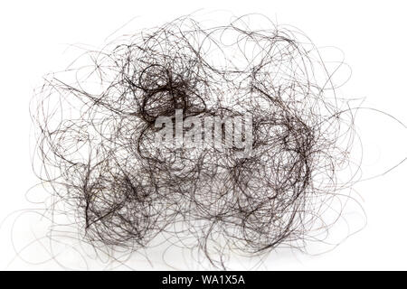 Pile of women's hair loss problem, hairs fall on white background. Stock Photo