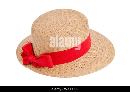 Vintage retro hat, Straw hat with red ribbon and bow  fashion for lady, women isolated on white background with clipping path. Stock Photo