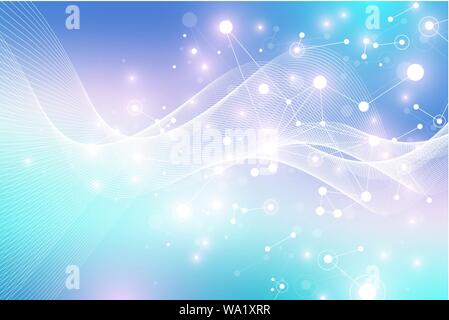 Expansion of life. Colorful explosion background with connected line and dots, wave flow. Visualization Quantum technology. Abstract graphic backgroun Stock Vector