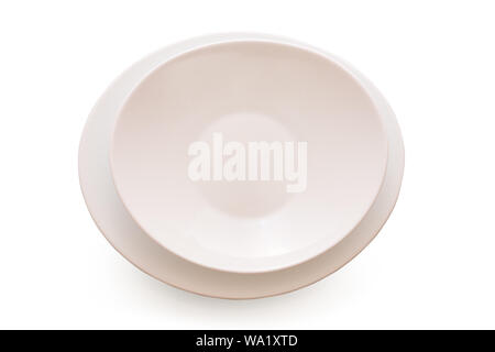 Empty white plate, dish set Isolated on white background with clipping path, Top view. Stock Photo