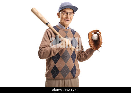 Elderly man with a baseball bat, a glove and a ball isolated on white background Stock Photo